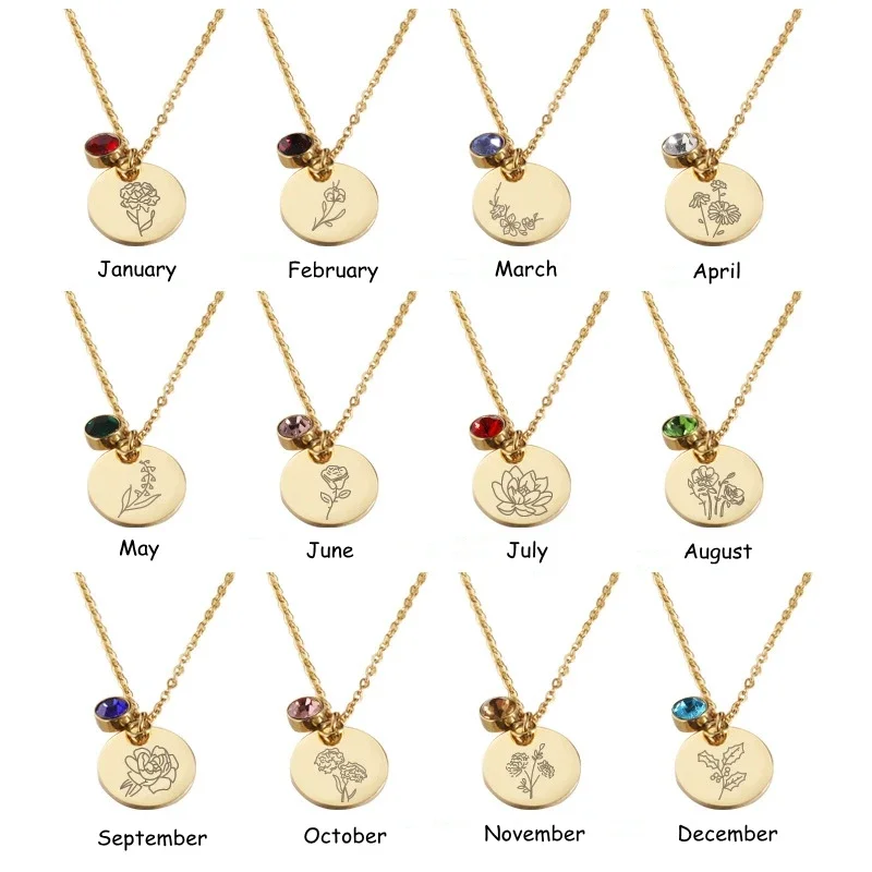 Birth Flower Necklace - Pendentif en acier inoxydable, pince à