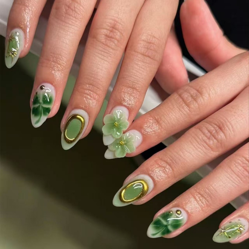 Pressed Flower Art - 24 faux ongles de luxe vert