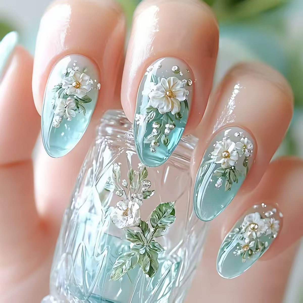 Pressed Flower Art - Faux ongles moyens pour femmes et
